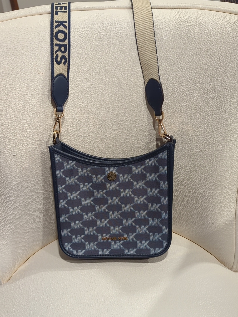 Michael Kors Navy Logo Jacquard Crossbody with Cream Strap